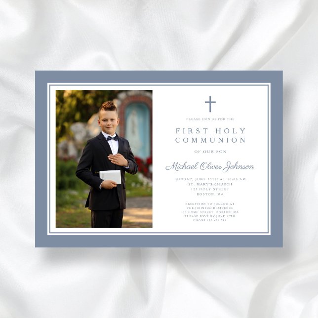 Invitation Croix Bleue Dusty moderne Boy Photo First Communio (Modern Dusty Blue Cross Boy Photo First Communion Invitation)