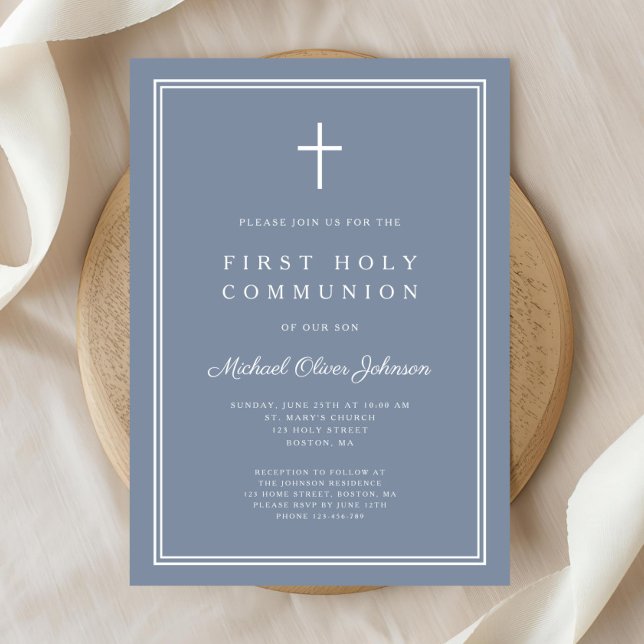 Invitation Croix Bleue Dusty moderne Garçon Première Communio (Modern Dusty Blue Cross Boy First Holy Communion Invitation)