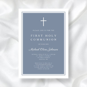 Invitation Croix Bleue Dusty moderne Garçon Première Communio