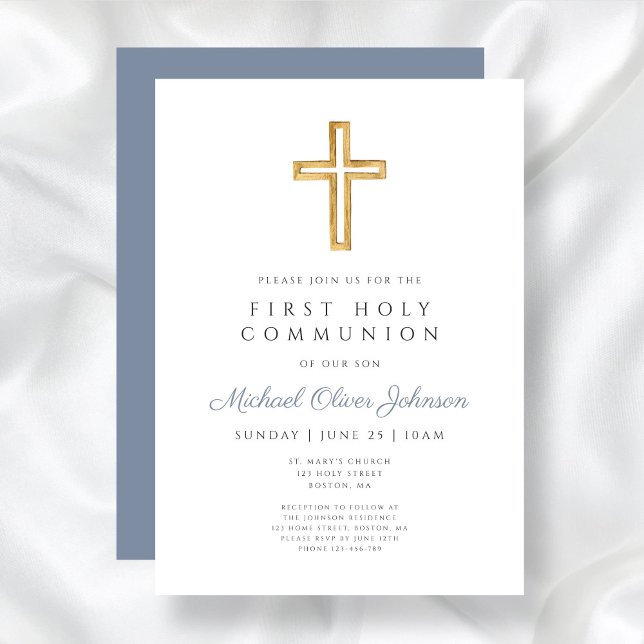 Invitation Croix Bleue Dusty moderne Garçon Première Communio (Modern Dusty Blue Cross Boy First Holy Communion Invitation)