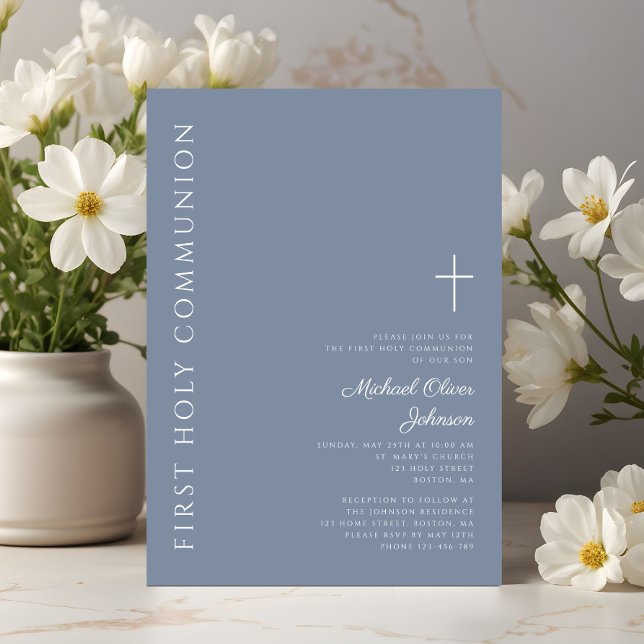 Invitation Croix Bleue Dusty moderne Première communion saint (Modern Dusty Blue Cross First Holy Communion Invitation)