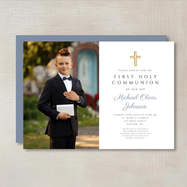 Invitation Croix Bleue Dusty Photo Boy First Communion (Dusty Blue Cross Photo Boy First Communion Invitation)