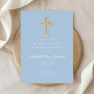 Invitation Croix Bleue Élégante Garçon Religieux Première Com