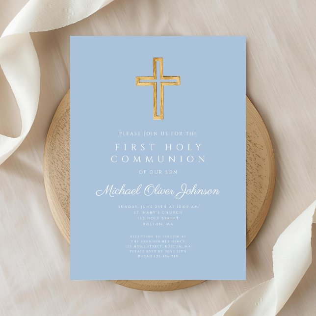 Invitation Croix Bleue Élégante Garçon Religieux Première Com (Elegant Blue Cross Religious Boy First Communion Invitation)