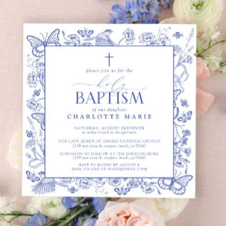 Invitation Croix Bleue et Blanche Baptême Saint papillons flo