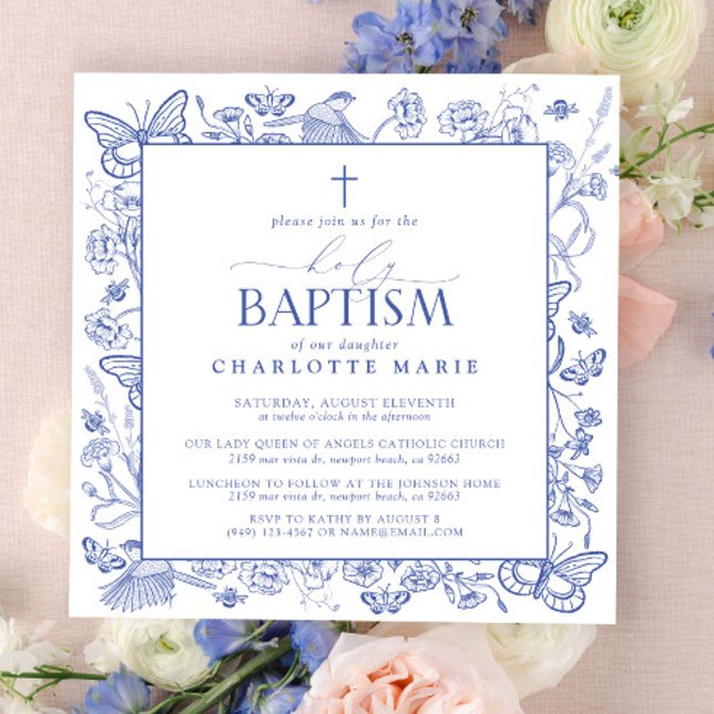Invitation Croix Bleue et Blanche Baptême Saint papillons flo (Holy Baptism Invitation)