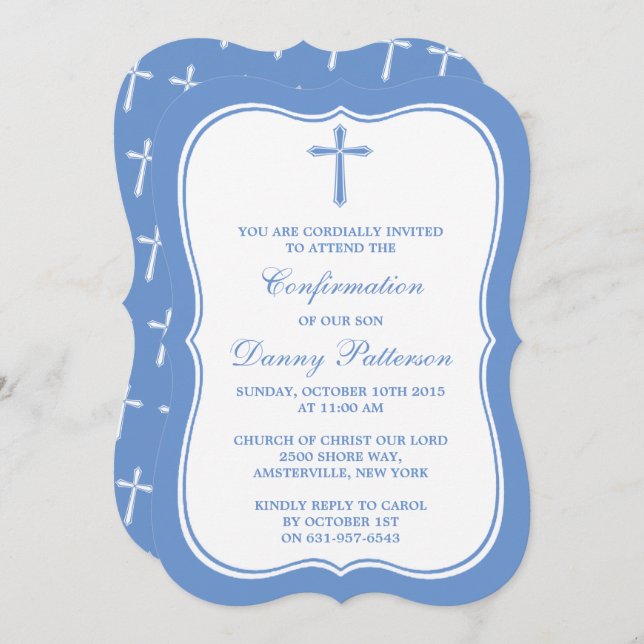 Invitation Croix Bleue Et Blanche Sainte Communion Ou Confirm (Devant / Derrière)