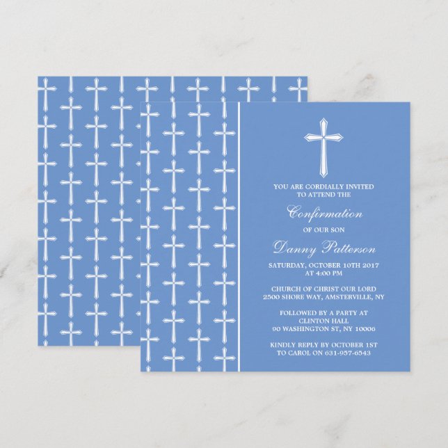 Invitation Croix Bleue Et Blanche Sainte Communion Ou Confirm (Devant / Derrière)