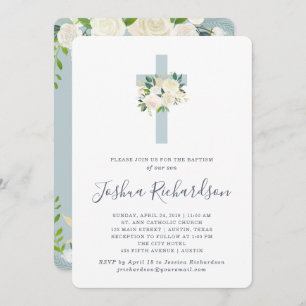 Invitation Croix bleue et fleurs blanches  Baptême de garçon