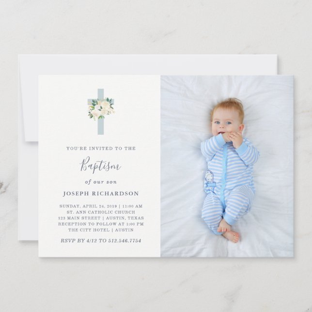 Invitation Croix Bleue et Fleurs Blanches | Photo Boy Baptism (Devant)
