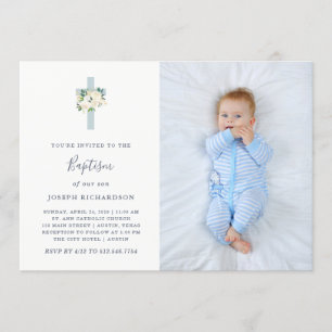 Invitation Croix bleue et fleurs blanches  Photo Boy Baptism