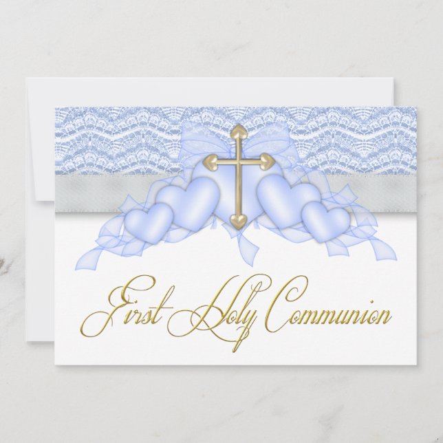Invitation Croix bleue et or pour garçons Première Communion (Devant)