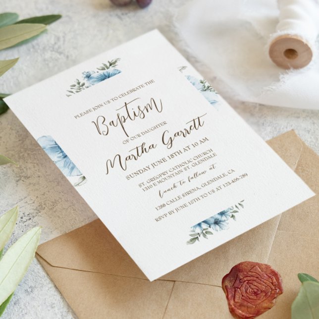 Invitation Croix Bleue Fleurs Automne Fille Baptême (Créateur téléchargé)