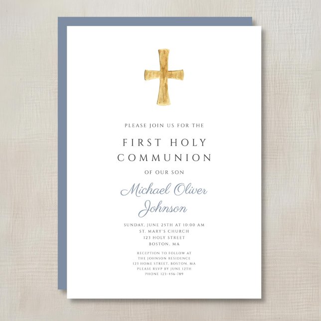 Invitation Croix Bleue Garçon Religieux Première Communion So (Blue Cross Religious Boy First Holy Communion Invitation)