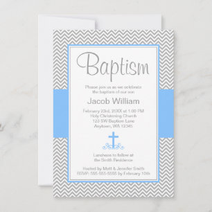 Invitation Croix Bleue Grey Chevron Baptême Baptême Baptême