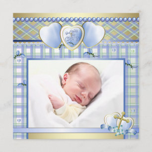 Invitation Croix Bleue Or Christening Photo Bébé Garçon