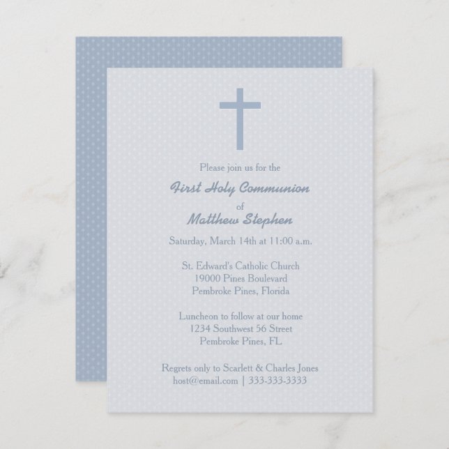 Invitation Croix Bleue Pastel Communion (Devant / Derrière)
