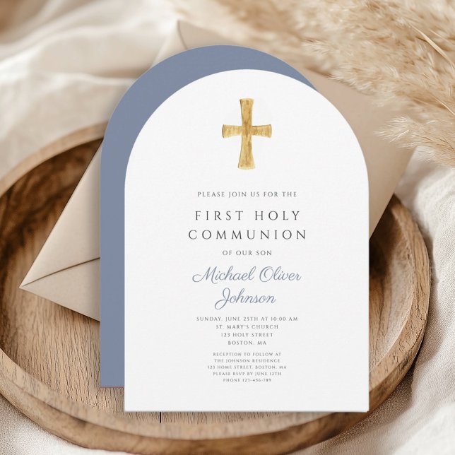 Invitation Croix Bleue Religieux Garçon Premier Arc de Commun (Blue Cross Religious Boy First Holy Communion Arch Invitation)