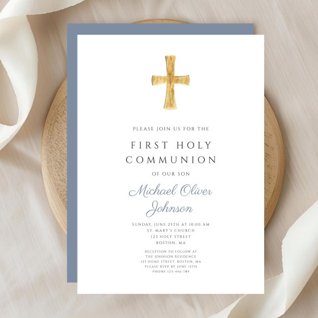 Invitation Croix Bleue Religieux Garçon Première Communion Sa (Blue Cross Religious Boy First Holy Communion Invitation)