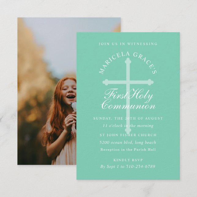 Invitation Croix Bleue Vert Mint Première communion (Devant / Derrière)