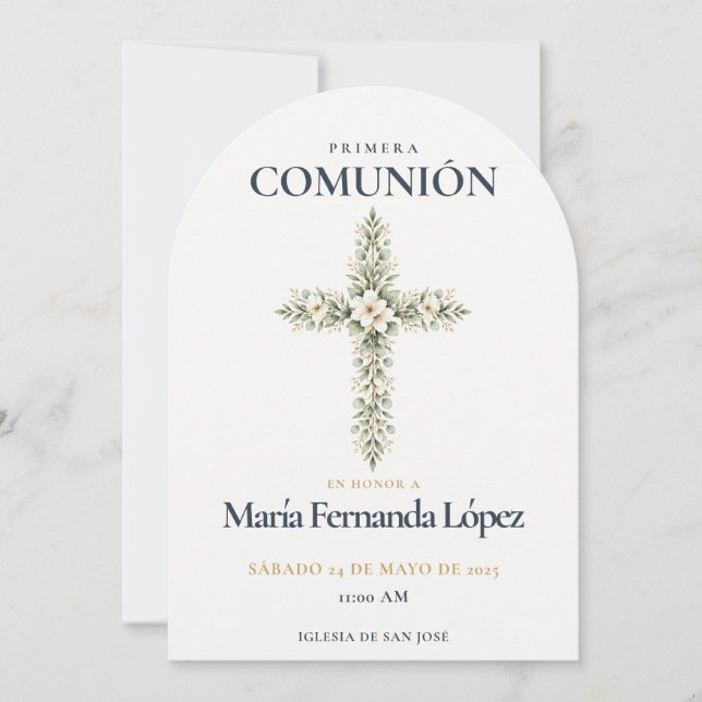 Invitation Croix botanique élégante de première communion (Devant)