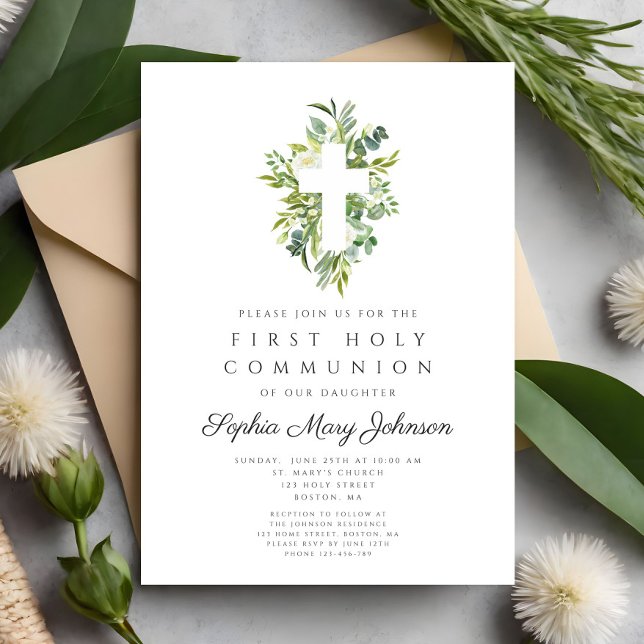 Invitation Croix botanique verte élégante pour première commu (Elegant Green Botanical Cross First Communion Invitation)