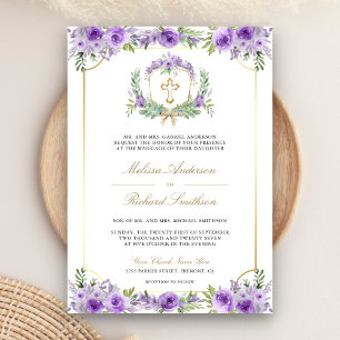 Invitation Croix catholique dorée à fleurs violettes Code QR 