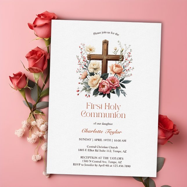 Invitation Croix catholique florale Première communion sainte (Floral Catholic Cross First Holy Communion Invitation)