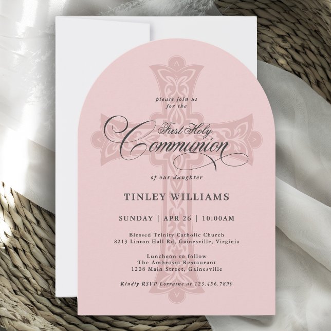 Invitation Croix celtique de première communion rose poussiér (Available in both printed and instant download digital formats.)