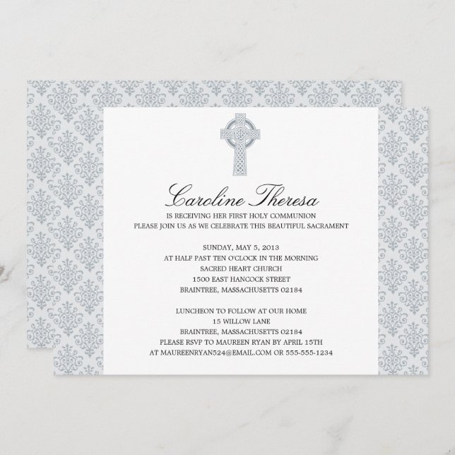 Invitation Croix celtique gris argenté Damask Première commun (Devant / Derrière)