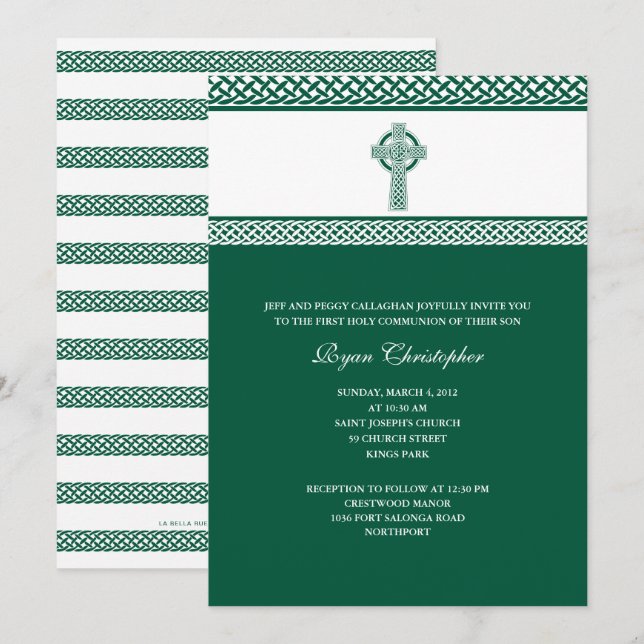 Invitation Croix celtique verte Première communion sainte Inv (Devant / Derrière)