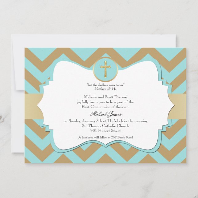 Invitation Croix Chevron bleu et or communion garçon (Devant)