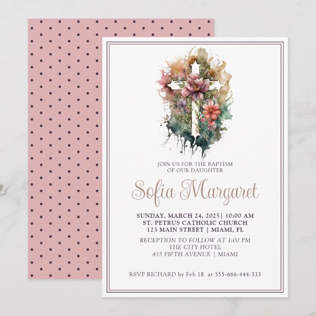 Invitation Croix chrétienne Aquarelle Fleurs Fille Baptême  (Devant / Derrière)