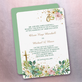Invitation Croix chrétienne moderne et anneaux Mariage floral