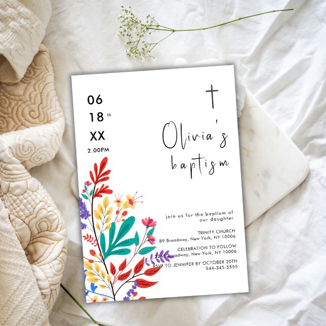 Invitation Croix colorée moderne Baptême (Modern Colorful Flower Cross Baptism Invitation)
