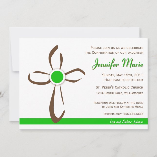 Invitation Croix contemporaine simple et verte (Devant)