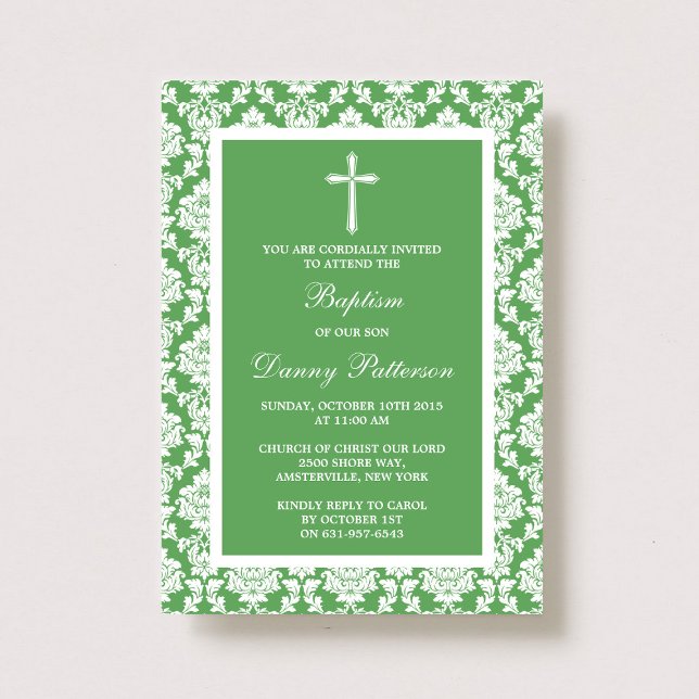Invitation Croix-Damas Verte Baptême Ou Baptême (Créateur téléchargé)