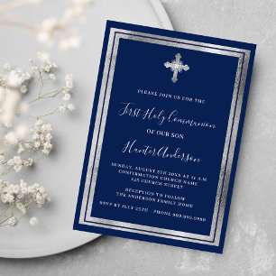 Invitation Croix d'argent bleu marine de la première communio