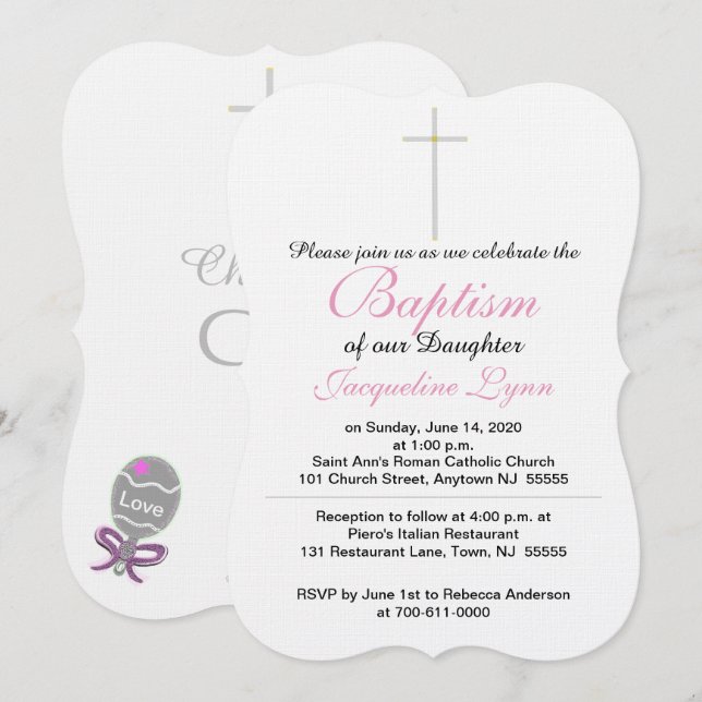 Invitation Croix d'argent de baptême fille hochet bébé rose (Devant / Derrière)