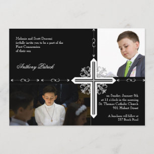 Invitation Croix d'argent sur la communion photo noire