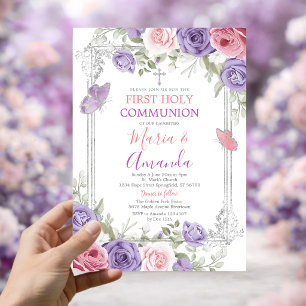 Invitation Croix d'argent violet Fleur rose 1ère sainte commu