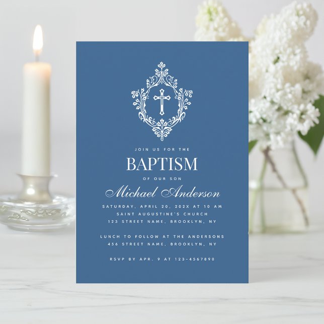 Invitation Croix de baptême bleu classique pour garçon dans u (Créateur téléchargé)