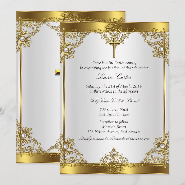 Invitation Croix de baptême Christening 2 en or et perle blan (Devant / Derrière)