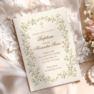 Invitation Croix de baptême de vigne florale d'abricot