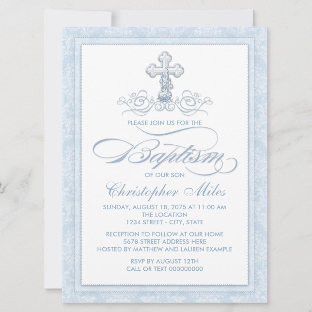 Invitation Croix de baptême en damas bleu (Devant)