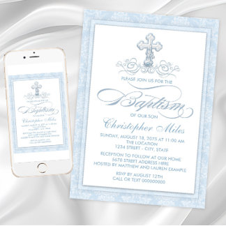 Invitation Croix de baptême en damas bleu