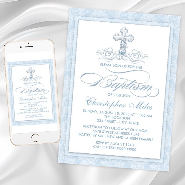 Invitation Croix de baptême en damas bleu (Blue damask baptism invitation with fancy script and pearl cross. For Instant download and print.)