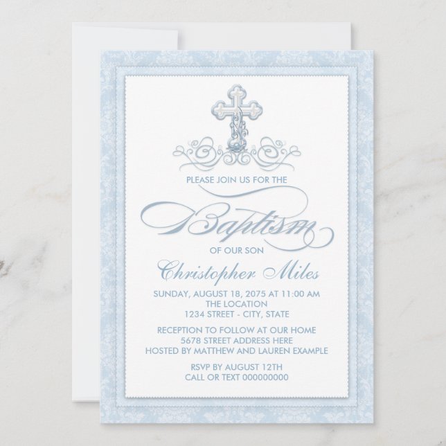 Invitation Croix de baptême en damas bleu (Devant)