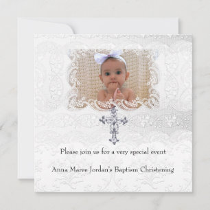 Invitation Croix de baptême en dentelle blanche Photo Bijou