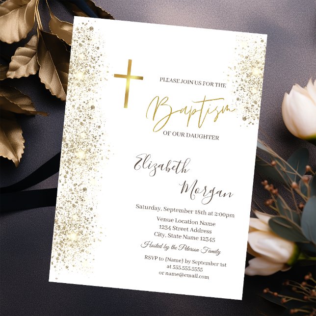 Invitation Croix de baptême en or chic confettis dorés (Créateur téléchargé)